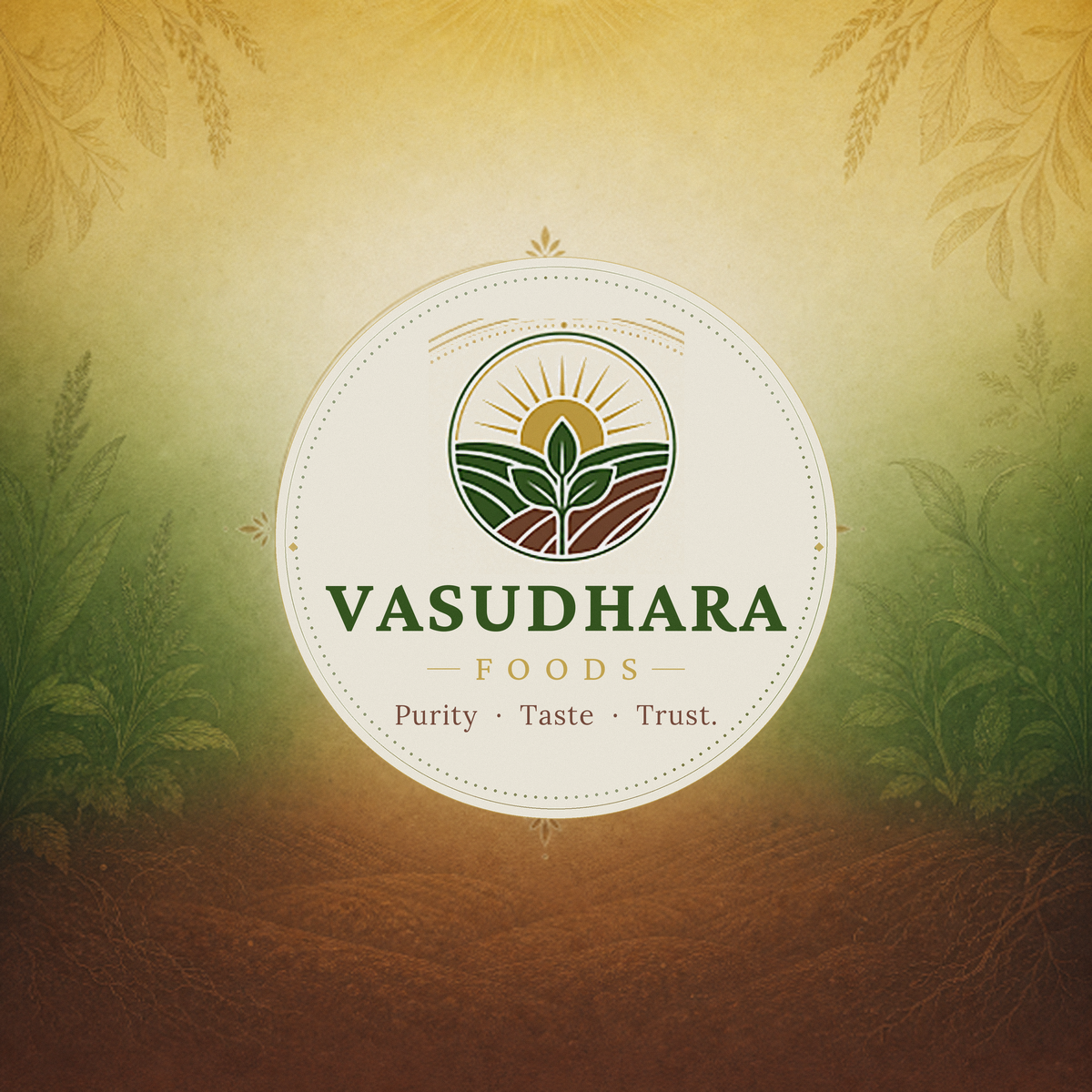 Vasudhara Foods front label with the heritage seal on the sunrise field artwork